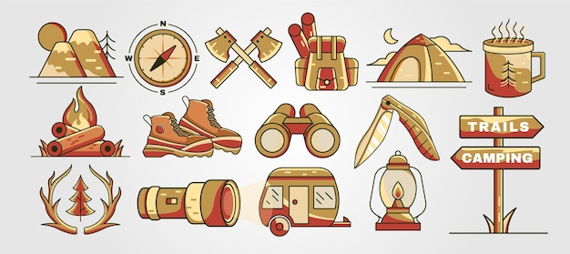 conjunto de design de ilustração vetorial de logótipo de desenho animado de acampamento de viagem pacote de logotipo ao ar livre