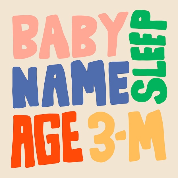 Conjunto de design de letras com tema de nome de bebê desenhado à mão para idade do sono e mês