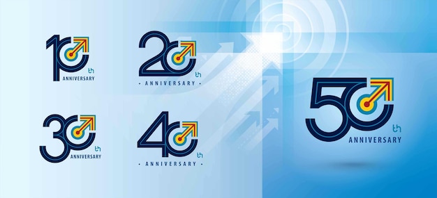 Conjunto de design de logotipo de aniversário de 10 a 50 anos, aniversário de dez a cinquenta anos, logotipo de alvo de seta