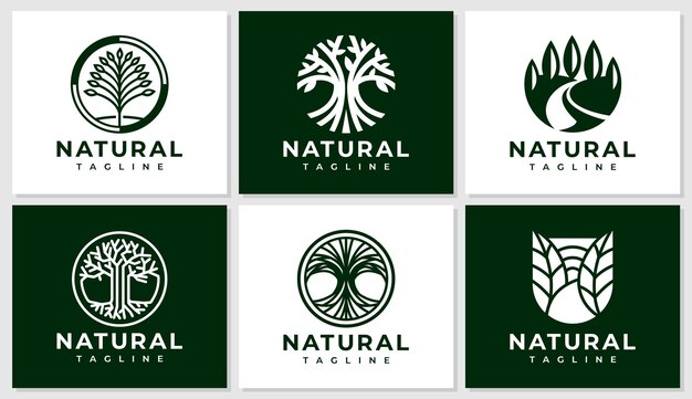 Conjunto de design de logotipo de árvore de planta de linha minimalista