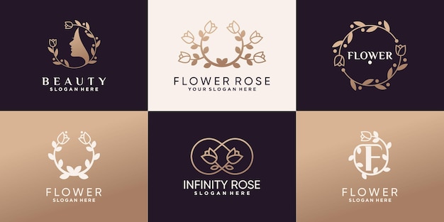 Conjunto de design de logotipo de beleza e flor rosa com estilo linear e conceito único criativo premium vector
