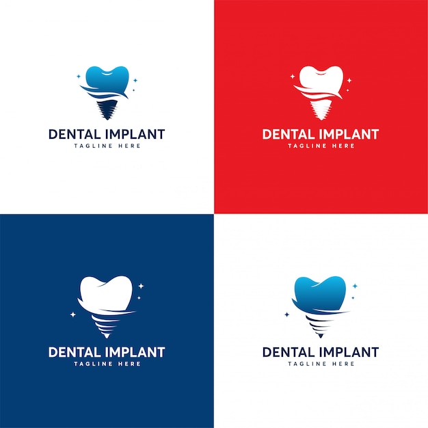 Conjunto de design de logotipo de implante dentário, modelo de logotipo de atendimento odontológico