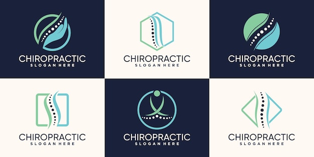 Vetor conjunto de design de logotipo de quiropraxia e terapia natural com conceito linear e criativo premium vector