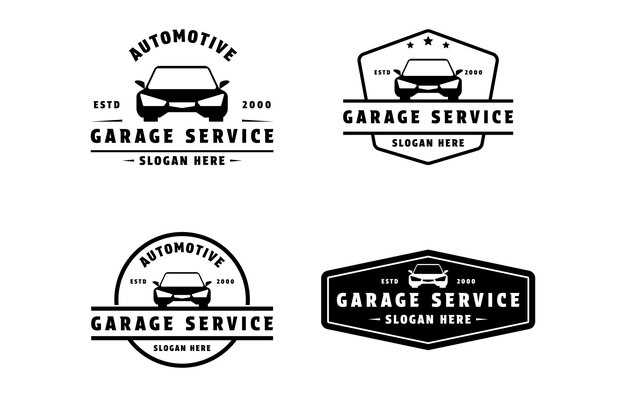 Conjunto de design de logotipo de serviço de garagem de automóveis, etiqueta e emblema retro vintage