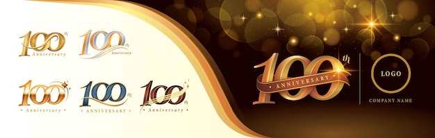 Conjunto de design de logotipo do 100º aniversário, celebração do logotipo de cem anos, logotipo de luxo dourado