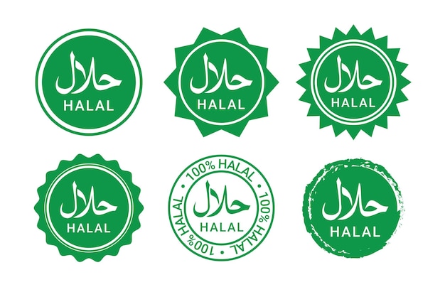 Conjunto de design de logotipo Halal vetor Emblema de comida Halal Símbolo de vetor de etiqueta de certificado Halal