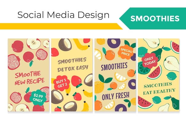 Conjunto de design de mídia social com publicidade de smoothies