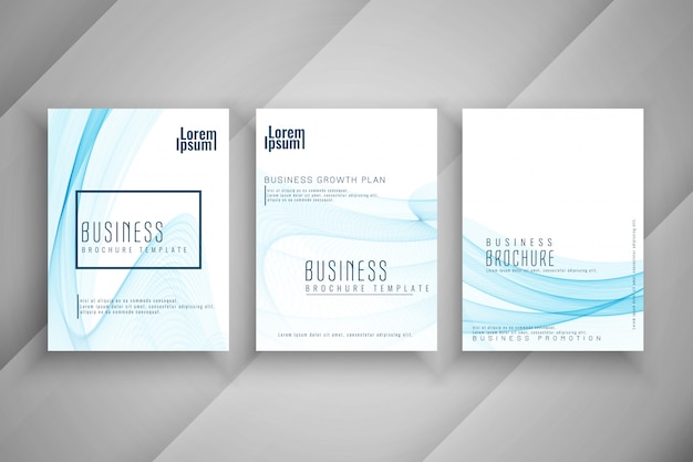 Conjunto de design de modelo abstrato azul ondulado negócios brochura