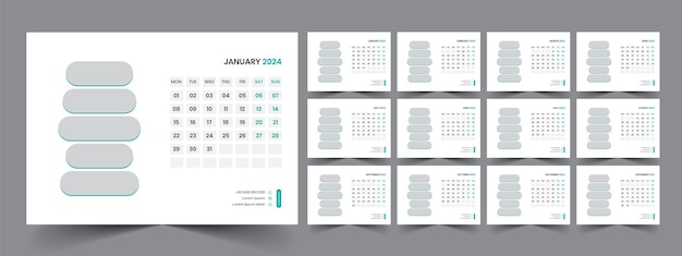 Conjunto de design de modelo corporativo do planejador de calendário 2024 a semana começa na segunda-feira modelo para cale anual