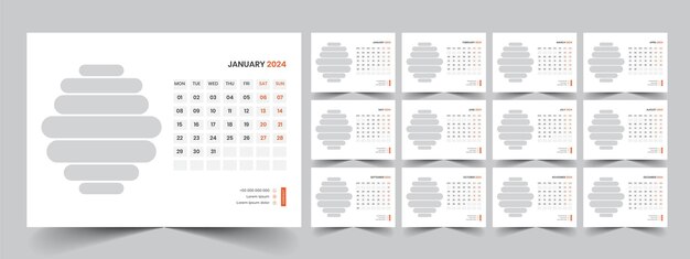 Vetor conjunto de design de modelo corporativo do planejador de calendário 2024 a semana começa na segunda-feira modelo para cale anual