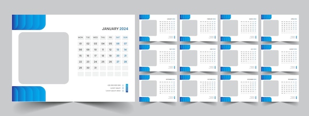 Vetor conjunto de design de modelo corporativo do planejador de calendário 2024 a semana começa na segunda-feira modelo para cale anual