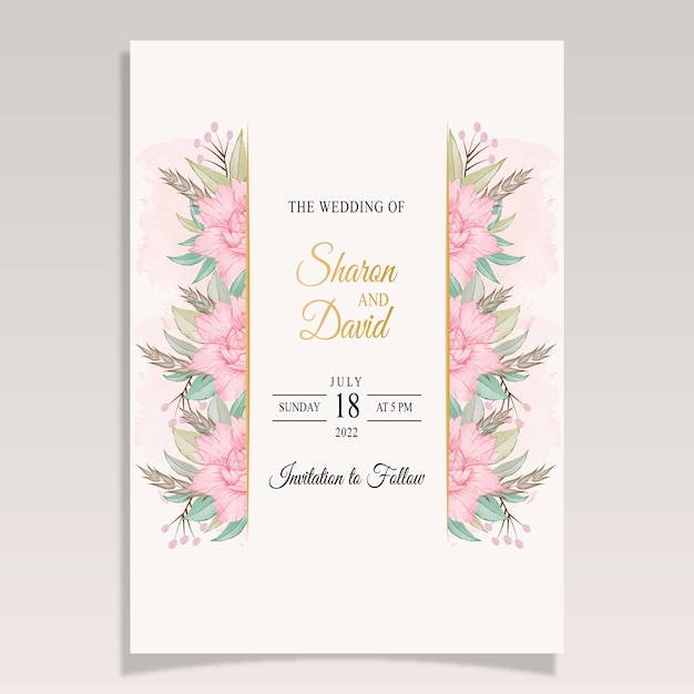 Conjunto de design de modelo de convite de casamento em aquarela floral dourado gradiente