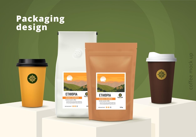 Conjunto de design de modelo de embalagem de café Ilustração vetorial de maquete realista