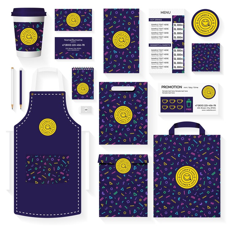 Vetor conjunto de design de modelo de identidade corporativa de café infantil com padrão geométrico de memphis restaurante café conjunto cartão panfleto menu pacote conjunto de design uniforme vetor de estoque