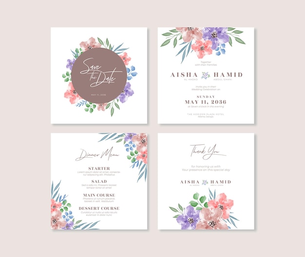 Conjunto de design de modelo de post instagram de casamento floral em aquarela bonito