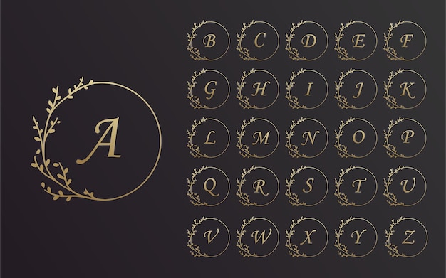 Conjunto de design de moldura de grinalda de flor de alfabeto preto e dourado