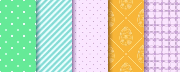 Conjunto de design de padrão sem costura de páscoa com listras de bolinhas de guingão de ovos para papel de embrulho