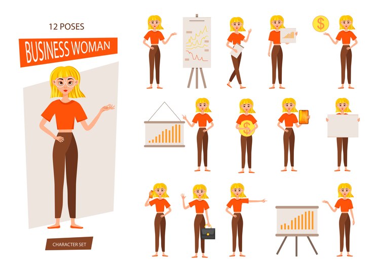 Vetor conjunto de design de personagem de trabalho de empresária. a garota mostra no gráfico de desenvolvimento. 12 poses de ilustração vetorial.