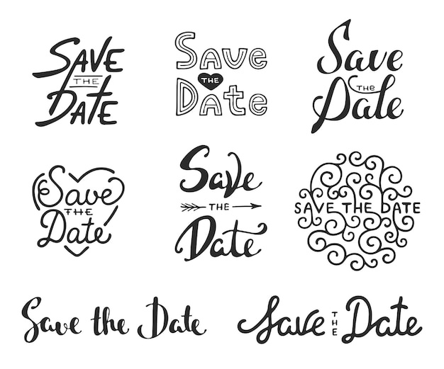 Conjunto de design desenhado à mão. Salve as frases de caligrafia de data. Letras exclusivas.