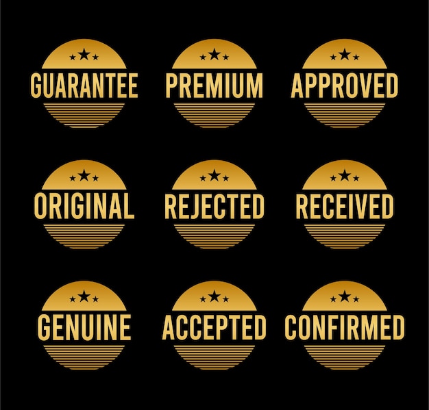 Vetor conjunto de design gold stamp qualidade premium garantida aprovado esgotado adiado confirmado genui