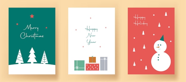Conjunto de design minimalista de cartão de saudação de Natal com boneco de neve, árvore de Natal, presentes