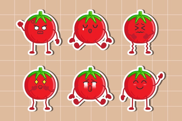 Conjunto de design plano de adesivos de personagem de tomate isolado vetor premium