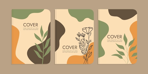 Conjunto de designs de capa de livro com decorações florais desenhadas à mão. abstrato boho fundo botânico a4