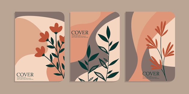 Conjunto de designs de capa de livro com decorações florais desenhadas à mão fundo botânico abstrato tamanho a4