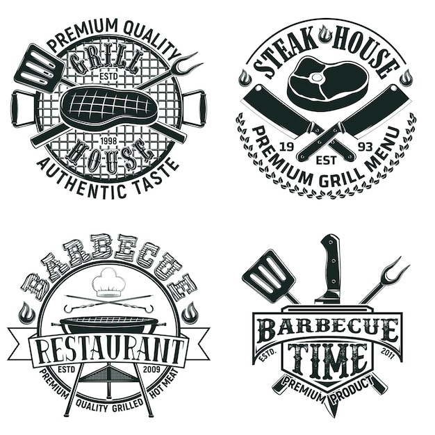 Conjunto de designs de logotipo de restaurante de churrasco vintage, selos com estampa de granja, emblemas de tipografia criativa de churrasqueiras