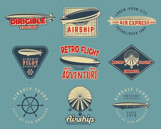 Vetor conjunto de designs de logotipo vintage de dirigível. coleção de emblemas retrô dirigible.