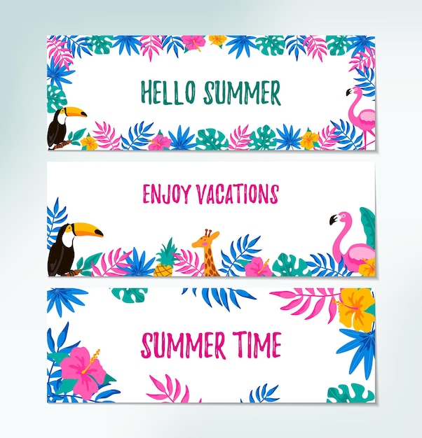 Conjunto de designs horizontais de verão com elementos desenhados à mão
