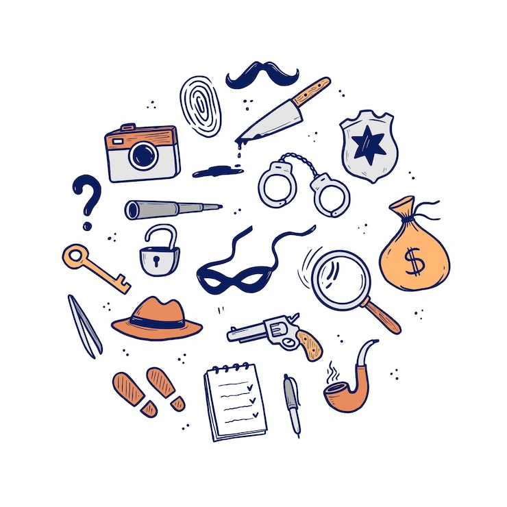 Vetor conjunto de detetive doodle. estilo de doodle esboço desenhado de mão. pegada, impressão digital, elemento de investigação de detetive de lupa. ilustração vetorial