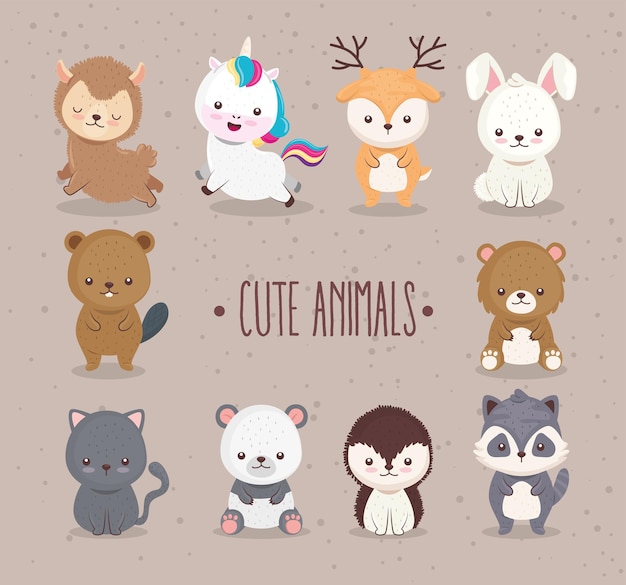 Conjunto de dez animais fofos conjunto de ícones e design de ilustração de letras