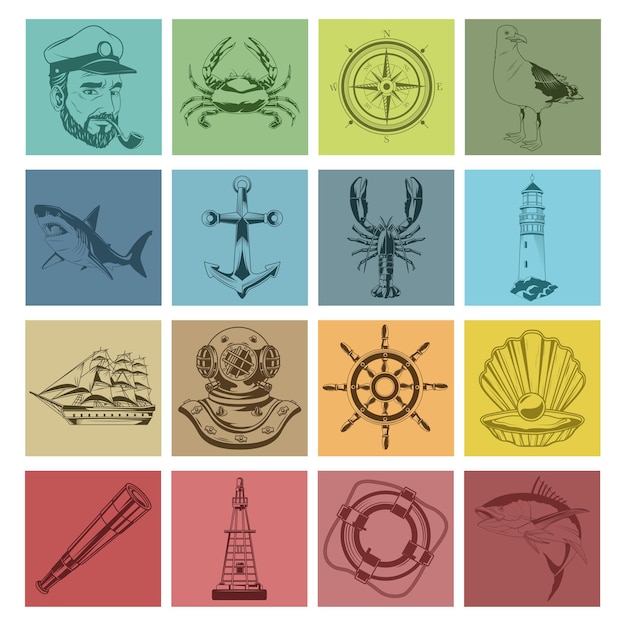Conjunto de dezesseis elementos náuticos com ilustração de ícones