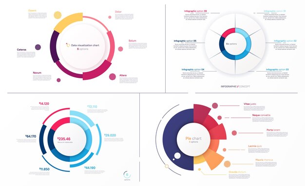 Conjunto de diagramas de círculos vetoriais desenha modelos modernos para a criação de infografias, apresentações e relatórios