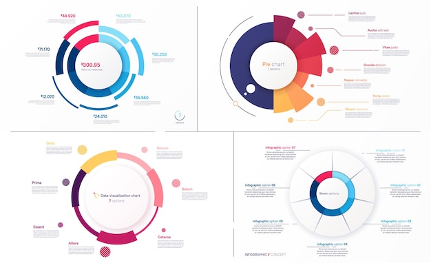 Vetor conjunto de diagramas de círculos vetoriais desenha modelos modernos para a criação de infografias, apresentações e relatórios