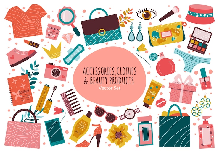 Vetor conjunto de diferentes acessórios desenhados à mão e pacote de roupas de relógio de acessórios de bolsas de roupas