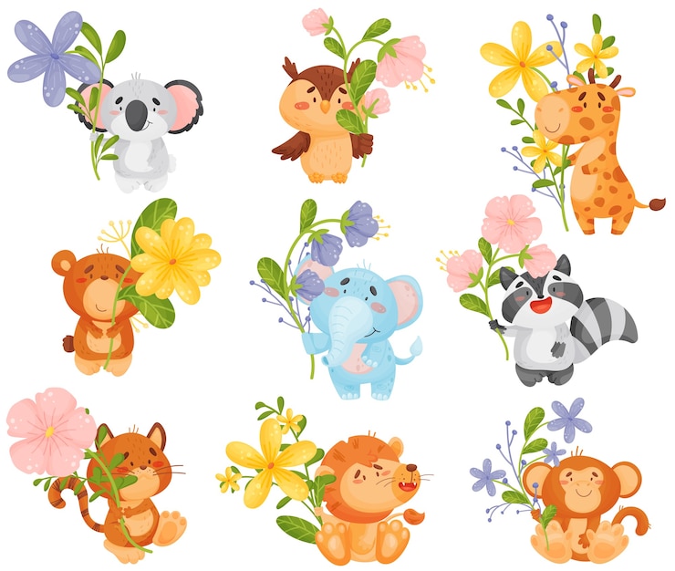 Vetor conjunto de diferentes animais de desenho animado com flores