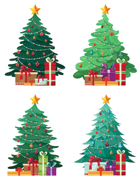 Conjunto de diferentes árvores de Natal. Lindos abetos vermelhos em estilo cartoon.