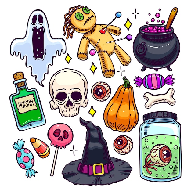 Conjunto de diferentes atributos de halloween. ilustração desenhada à mão