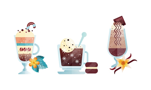 Conjunto de diferentes bebidas de café copos de vidro de bebidas aromáticas desenho de menu ilustração vetorial plana