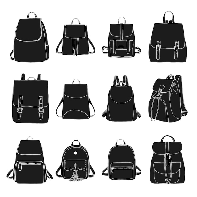 Vetor conjunto de diferentes bolsas homens mulheres e bolsas unissex isoladas em fundo branco ilustração vetorial no estilo de desenho