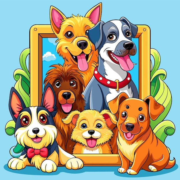 Vetor conjunto de diferentes cães bonitos em estilo de desenho animado desenhado à mão mascote personagem de cartoon adesivo conceito de ícone