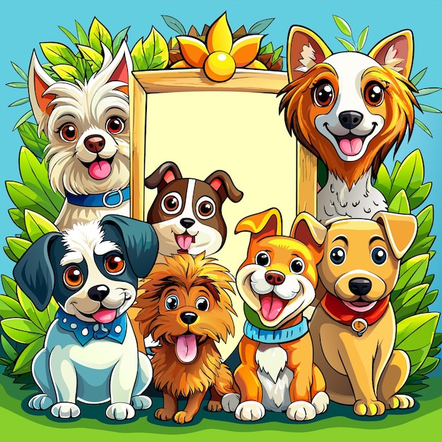 Vetor conjunto de diferentes cães bonitos em estilo de desenho animado desenhado à mão mascote personagem de cartoon adesivo conceito de ícone