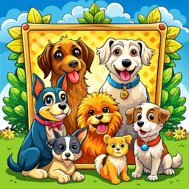 Vetor conjunto de diferentes cães bonitos em estilo de desenho animado desenhado à mão mascote personagem de cartoon adesivo conceito de ícone