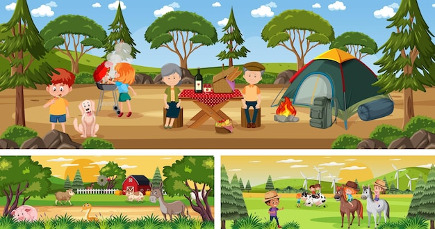 Conjunto de diferentes cenas de paisagem ao ar livre com personagem de desenho animado