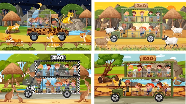 Conjunto de diferentes cenas de safári com animais e personagens de desenhos animados infantis