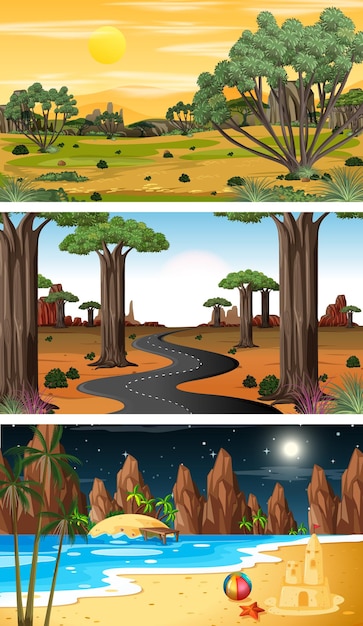 Conjunto de diferentes cenas horizontais de floresta em tempos diferentes