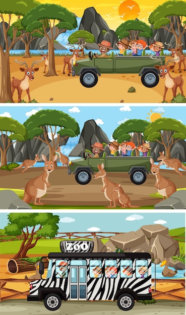 Vetor conjunto de diferentes cenas horizontais de safári com animais e personagens de desenhos animados infantis