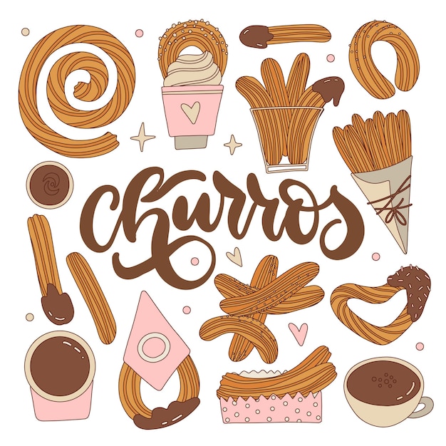 Vetor conjunto de diferentes churros com xícaras de calda de chocolate coleção de lanches doces mexicanos contorno desenhado à mão